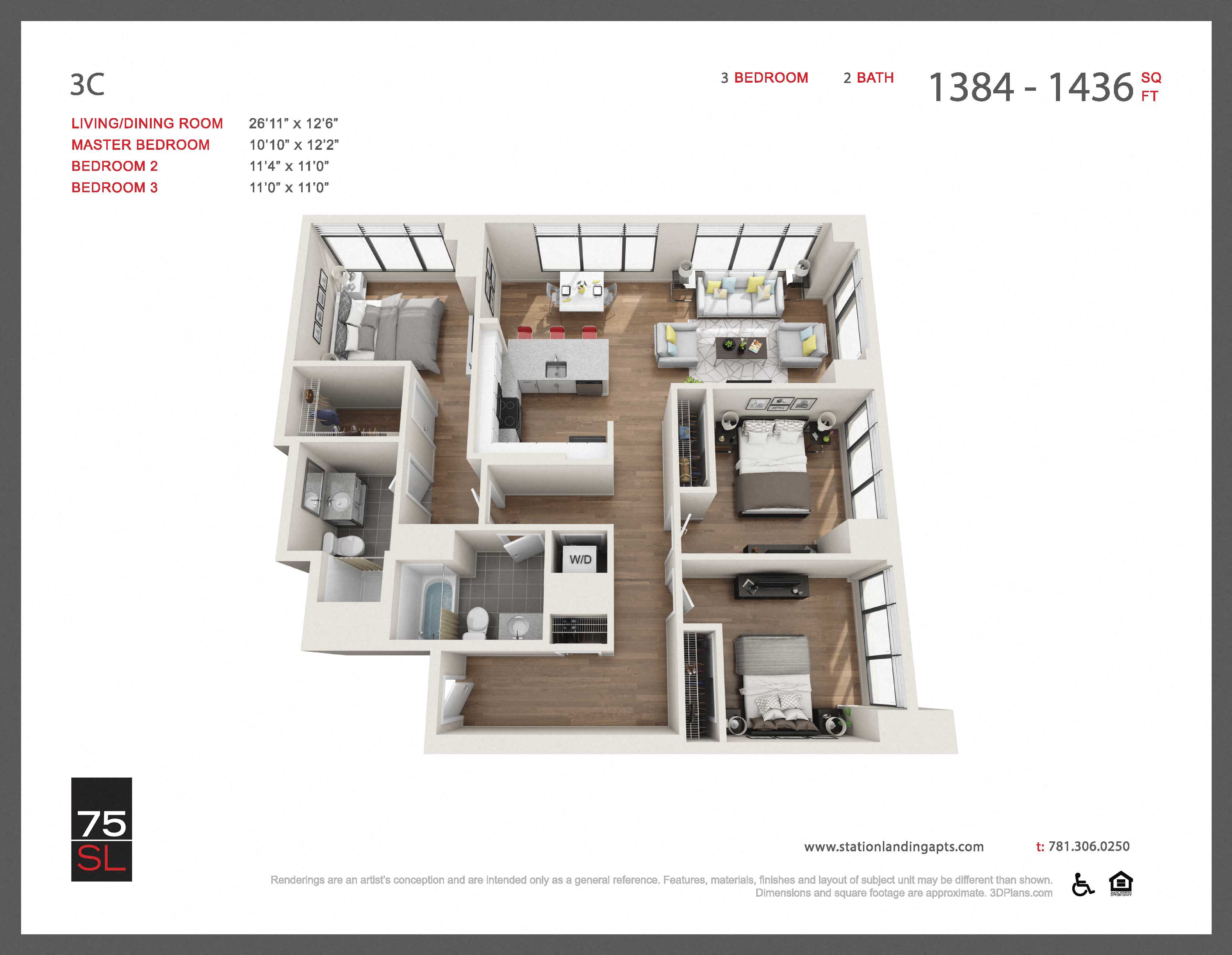Floor plan for 3 beds, 2 baths, 1431 sqft
